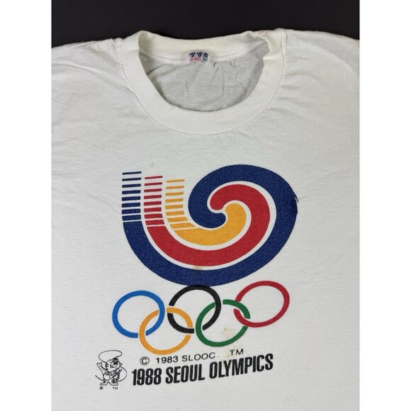 Rare Vintage 80s 1988 Seoul Korea Olympics Sport White Shirt Thrashed Paint Art - Picture 3 of 11